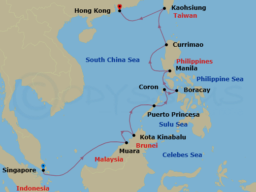 12 Night - A World Away - Oceania Riviera - Starting in Singapore, Muara, Kota Kinabalu (Borneo), Puerto Princesa, Coron, Boracay Island, Manila, Currimao, Kaohsiung, Hong Kong itinerary map