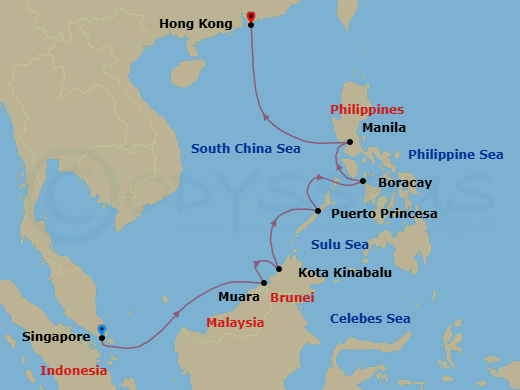 9 Night - Orient Escape - Oceania Riviera - Starting in Singapore, Muara, Kota Kinabalu (Borneo), Puerto Princesa, Boracay Island, Manila, Hong Kong itinerary map