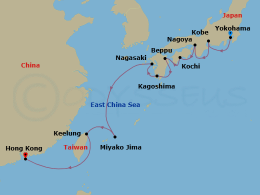 11 Night - Grace & Grandeur - Oceania Riviera - Starting in Tokyo (Yokohama), Nagoya, Kyoto (Kobe), Kochi, Beppu, Kagoshima, Nagasaki, Miyakojima (Hirara), Taipei (Keelung), Hong Kong itinerary map