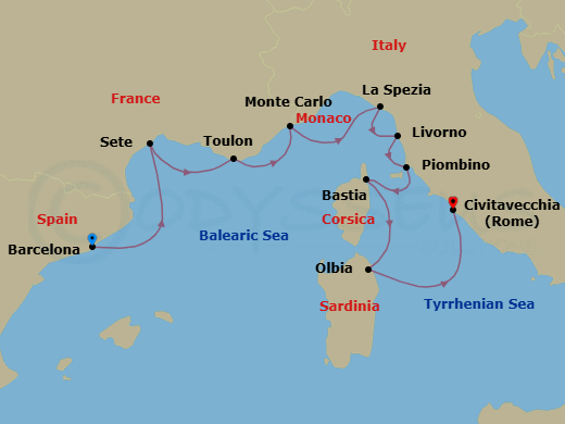 9 Night - Epicurean Odyssey - Oceania Insignia - Starting in Barcelona, Sete, Toulon, Monte Carlo, Cinque Terre (La Spezia), Florence / Pisa / Tuscany (Livorno), Piombino (Tuscany), Bastia (Corsica), Olbia / Porto Cervo (Sardinia), Rome (Civitavecchia) itinerary map