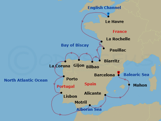 14 Night - Vineyards & Palaces - Oceania Insignia - Starting in Paris (Le Havre), La Rochelle, France, Pauillac (Bordeaux), Biarritz (Saint-Jean-De-Luz), Bilbao, Gijon, Spain, La Coruna, Oporto, Lisbon, Granada (Motril), Alicante, Mahon (Menorca), Barcelona itinerary map