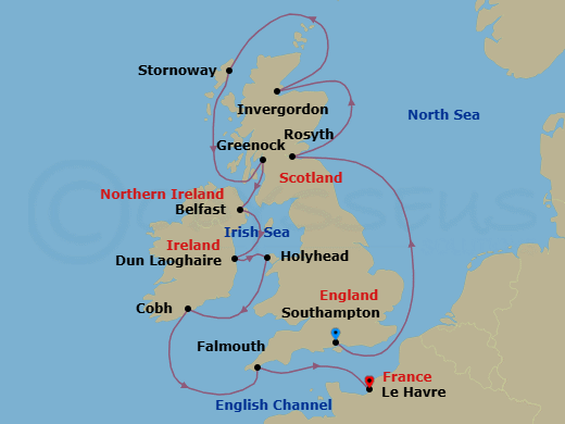 11 Night - Cultivated Culture - Oceania Insignia - Starting in London (Southampton), Edinburgh (Rosyth), Invergordon, United Kingdom, Stornoway (Hebrides), Glasgow (Greenock), Belfast, Dublin (Dun Laoghaire), Holyhead, Cork (Cobh), Falmouth (Cornwall), Paris (Le Havre) itinerary map
