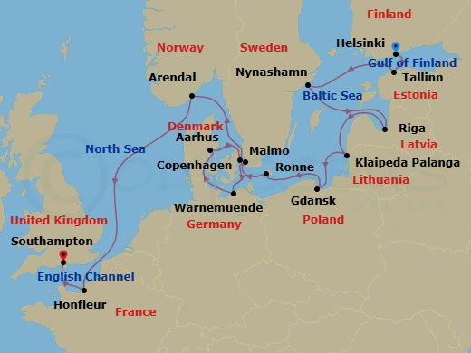 14 Night - Wonders of the West - Oceania Insignia - Starting in Helsinki, Tallinn, Stockholm (Nynashamn), Riga, Klaipeda, Gdansk, Ronne (Bornholm), Malmo, Berlin (Warnemunde), Aarhus, Copenhagen, Arendal, Paris (Honfleur), London (Southampton) itinerary map
