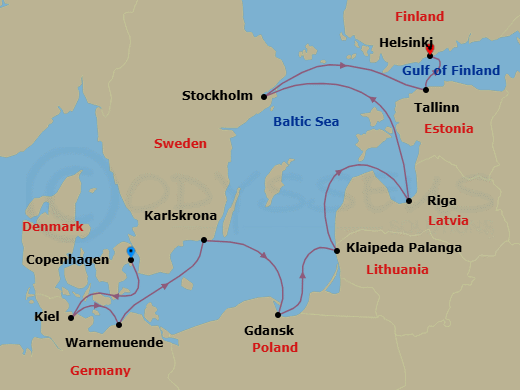 10 Night - Odin's Odyssey - Oceania Insignia - Starting in Copenhagen, Kiel, Berlin (Warnemunde), Karlskrona, Gdansk, Klaipeda, Riga, Stockholm, Tallinn, Helsinki itinerary map