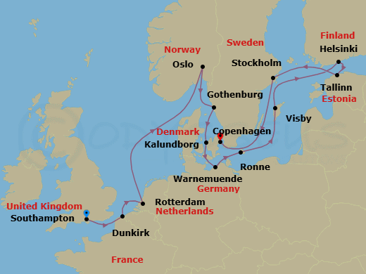14 Night - Old World Tales & Trails - Oceania Insignia - Starting in London (Southampton), Dunkirk, Rotterdam, Oslo, Gothenburg, Kalundborg, Berlin (Warnemunde), Ronne (Bornholm), Visby, Sweden, Helsinki, Tallinn, Stockholm, Copenhagen itinerary map
