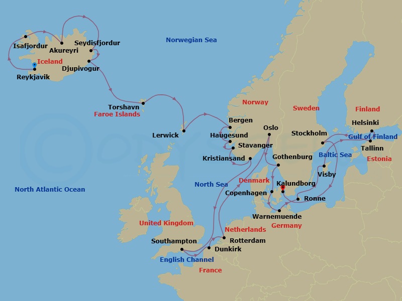 26 Night - Nautical Northern Europe - Oceania Insignia - Starting in Reykjavik, Isafjordur, Akureyri, Seydisfjordur, Djupivogur, Torshavn, Faroe Islands, Lerwick (Shetland Islands), Bergen, Haugesund, Stavanger, Kristiansand, London (Southampton), Dunkirk, Rotterdam, Oslo, Gothenburg, Kalundborg, Berlin (Warnemunde), Ronne (Bornholm), Visby, Sweden, Helsinki, Tallinn, Stockholm, Copenhagen itinerary map