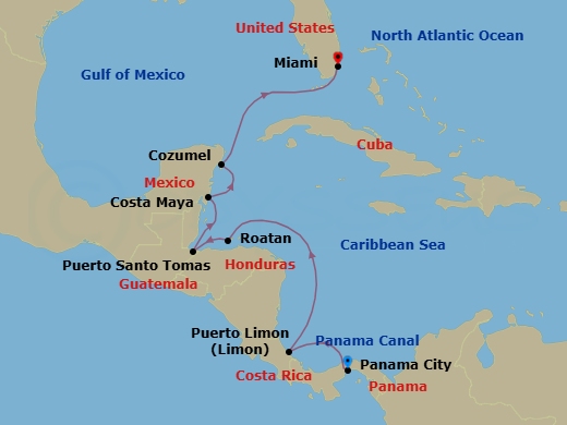 10 Night - Spanish Lullaby - Oceania Marina - Starting in Panama City, Panama Canal Daylight Transit, Puerto Limon, Roatan, Santo Tomas, Costa Maya, Mexico, Cozumel, Mexico, Miami itinerary map
