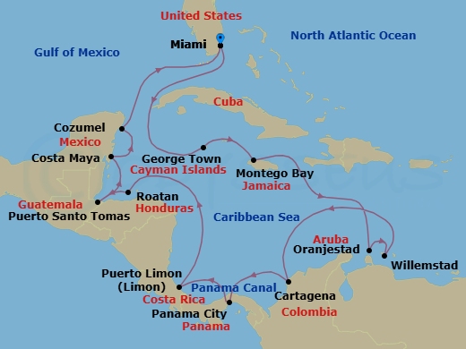 20 Night - Treasures of the Tropics - Oceania Marina - Starting in Miami, George Town, Montego Bay, Oranjestad, Willemstad AN, Cartagena CO, Panama Canal Daylight Transit, Panama City, Panama Canal Daylight Transit, Puerto Limon, Roatan, Santo Tomas, Costa Maya, Mexico, Cozumel, Mexico, Miami itinerary map