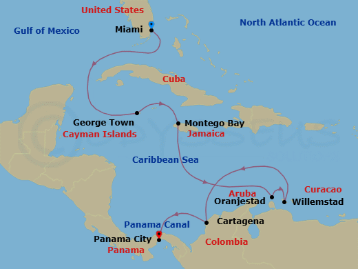 10 Night - Classic Canal & Tropics - Oceania Marina - Starting in Miami, George Town, Montego Bay, Oranjestad, Willemstad AN, Cartagena CO, Panama Canal Daylight Transit, Panama City itinerary map