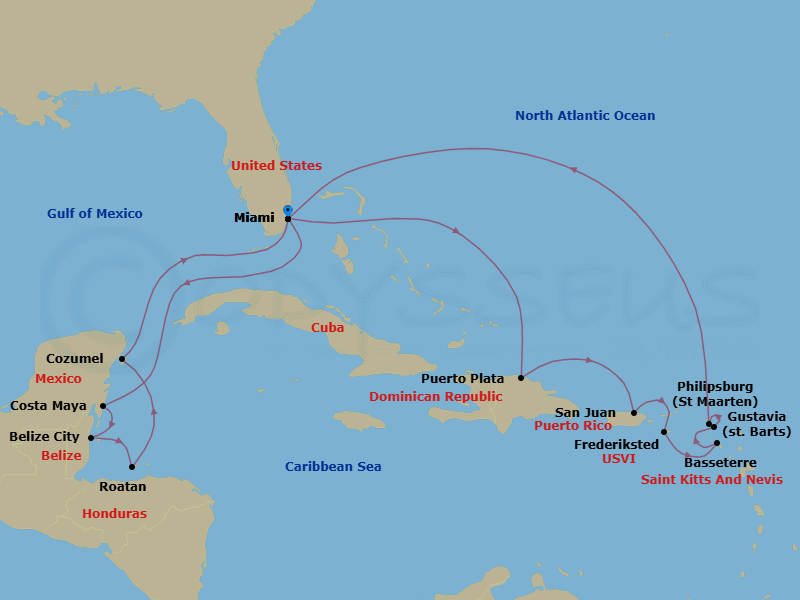 17 Night - Caribbean Carried Away - Oceania Marina - Starting in Miami, Puerto Plata, Dominican Republic, San Juan, Frederiksted, Basseterre, Gustavia, Philipsburg, Miami, Costa Maya, Mexico, Belize City, Roatan, Cozumel, Mexico, Miami itinerary map
