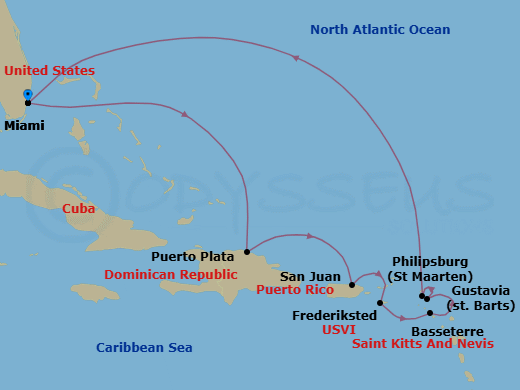 10 Night - Splendid Sunsets - Oceania Marina - Starting in Miami, Puerto Plata, Dominican Republic, San Juan, Frederiksted, Basseterre, Gustavia, Philipsburg, Miami itinerary map