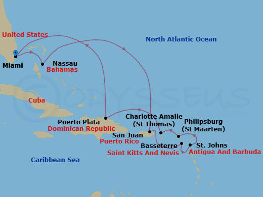 10 Night - Paradise at Sea - Oceania Marina - Starting in Miami, Nassau, San Juan, Basseterre, St Johns, Philipsburg, Charlotte Amalie, Puerto Plata, Dominican Republic, Miami itinerary map