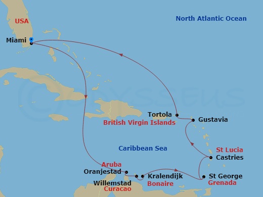 Oceania Marina - 12 Night - Curated Caribbean - Oceania Marina - Starting in Miami, Oranjestad, Willemstad AN, Kralendijk, St Georges, Castries, Gustavia, Tortola, Miami itinerary map