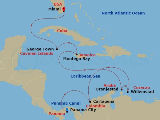 Oceania Marina - 10 Night - Classic Canal & Tropics - Oceania Marina - Starting in Panama City, Panama Canal Daylight Transit, Cartagena CO, Willemstad AN, Oranjestad, Montego.. itinerary map