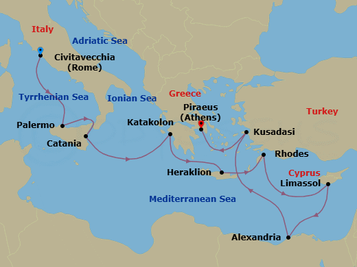 12 Night - Historic Harbors - Oceania Allura - Starting in Rome (Civitavecchia), Palermo (Sicily), Catania (Sicily), Katakolon, Heraklion (Crete), Rhodes, Limassol, Alexandria EG, Ephesus (Kusadasi), Athens (Piraeus) itinerary map
