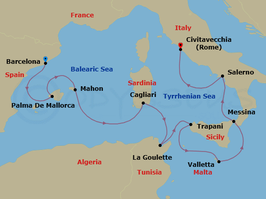 9 Night - Seaside Splendor - Oceania Allura - Starting in Barcelona, Palma De Mallorca, Mahon (Menorca), Cagliari (Sardinia), Tunis (La Goulette), Trapani (Sicily), Valletta, Messina (Sicily), Salerno, Rome (Civitavecchia) itinerary map