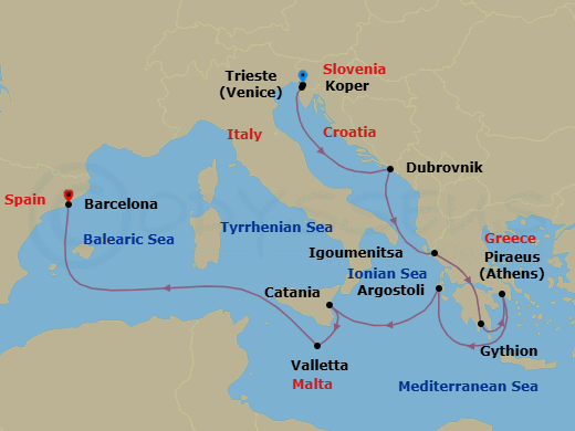 10 Night - Timeless Tableaux - Oceania Allura - Starting in Trieste, Koper, Dubrovnik, Croatia, Igoumenitsa, Gythion, Athens (Piraeus), Argostoli (Cephalonia), Catania (Sicily), Valletta, Barcelona itinerary map