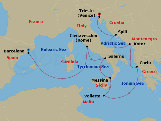 9 Night - Islands & Empires - Oceania Allura - Starting in Barcelona, Rome (Civitavecchia), Salerno, Messina (Sicily), Valletta, Corfu, Kotor, Split, Trieste itinerary map