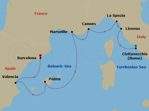 7 Night - Riviera Radiance - Oceania Allura - Starting in Rome (Civitavecchia), Florence / Pisa / Tuscany (Livorno), Cinque Terre (La Spezia), Cannes, Provence (Marseille), Palma De Mallorca, Valencia, Barcelona itinerary map