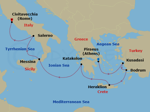 7 Night - Ionian Exploration - Oceania Allura - Starting in Athens (Piraeus), Ephesus (Kusadasi), Bodrum, Heraklion (Crete), Katakolon, Messina (Sicily), Salerno, Rome (Civitavecchia) itinerary map