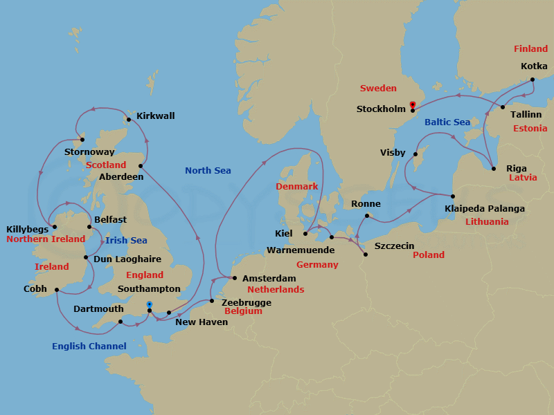 25 Night - Castles & Countryside - Oceania Insignia - Starting in London (Southampton), Edinburgh (Newhaven), Aberdeen, Kirkwall (Orkney Islands), Stornoway (Hebrides), Killybegs, Belfast, Dublin (Dun Laoghaire), Cork (Cobh), Dartmouth, London (Southampton), Bruges (Zeebrugge), Amsterdam, Kiel, Berlin (Warnemunde), Szczecin, Ronne (Bornholm), Klaipeda, Visby, Sweden, Riga, Kotka, Tallinn, Stockholm itinerary map