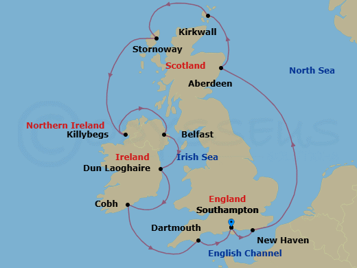 11 Night - Bountiful British Isles - Oceania Insignia - Starting in London (Southampton), Edinburgh (Newhaven), Aberdeen, Kirkwall (Orkney Islands), Stornoway (Hebrides), Killybegs, Belfast, Dublin (Dun Laoghaire), Cork (Cobh), Dartmouth, London (Southampton) itinerary map
