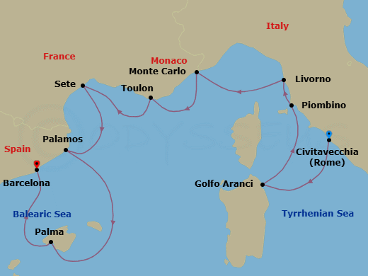 9 Night - Pasta to Paella - Oceania Allura - Starting in Rome (Civitavecchia), Golfo Aranci, Piombino (Tuscany), Florence / Pisa / Tuscany (Livorno), Monte Carlo, Toulon, Sete, Palamos, Palma De Mallorca, Barcelona itinerary map