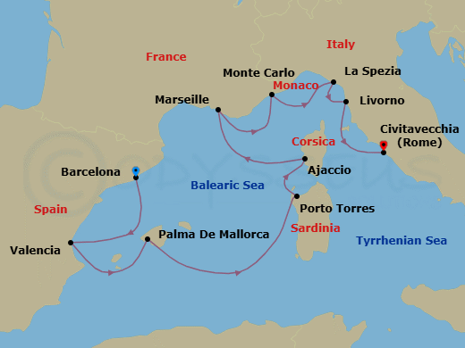 10 Night - Springtime Sunshine - Oceania Allura - Starting in Barcelona, Valencia, Palma De Mallorca, Porto Torres (Sardinia), Ajaccio (Corsica), Provence (Marseille), Monte Carlo, Cinque Terre (La Spezia), Florence / Pisa / Tuscany (Livorno), Rome (Civitavecchia) itinerary map