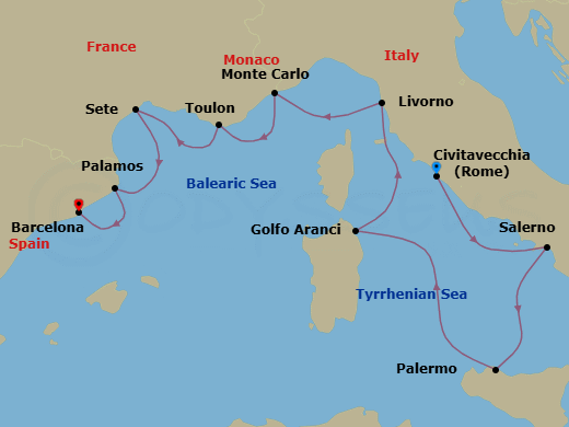 9 Night - Latin Languages of Love - Oceania Allura - Starting in Rome (Civitavecchia), Salerno, Palermo (Sicily), Golfo Aranci, Florence / Pisa / Tuscany (Livorno), Monte Carlo, Toulon, Sete, Palamos, Barcelona itinerary map