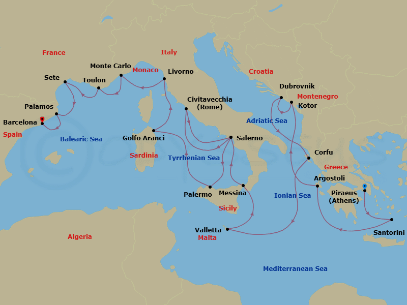 18 Night - Sailing Into Spring - Oceania Allura - Starting in Athens (Piraeus), Santorini, Argostoli (Cephalonia), Kotor, Dubrovnik, Croatia, Corfu, Valletta, Messina (Sicily), Salerno, Rome (Civitavecchia), Salerno, Palermo (Sicily), Golfo Aranci, Florence / Pisa / Tuscany (Livorno), Monte Carlo, Toulon, Sete, Palamos, Barcelona itinerary map