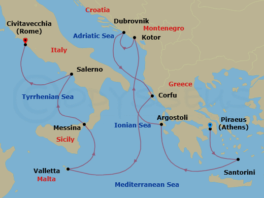 9 Night - Ancient Athenian Adventure - Oceania Allura - Starting in Athens (Piraeus), Santorini, Argostoli (Cephalonia), Kotor, Dubrovnik, Croatia, Corfu, Valletta, Messina (Sicily), Salerno, Rome (Civitavecchia) itinerary map