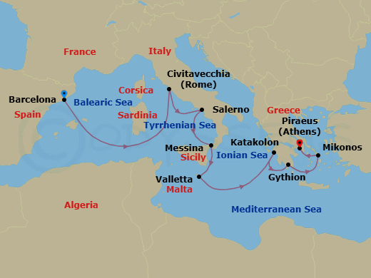 10 Night - Coastal Charisma - Oceania Allura - Starting in Barcelona, Rome (Civitavecchia), Salerno, Messina (Sicily), Valletta, Katakolon, Gythion, Mykonos, Athens (Piraeus) itinerary map