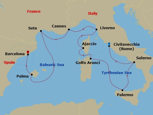 9 Night - Mediterranean Masterpieces - Oceania Allura - Starting in Rome (Civitavecchia), Salerno, Palermo (Sicily), Golfo Aranci, Ajaccio (Corsica), Florence / Pisa / Tuscany (Livorno), Cannes, Sete, Palma De Mallorca, Barcelona itinerary map