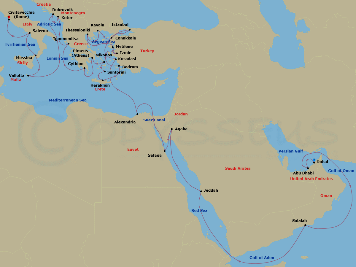38 Night - Arabia to the Adriatic - Oceania Vista - Starting in Dubai, Abu Dhabi, Salalah, Jeddah, Aqaba, Luxor (Safaga), Suez Canal (Transit), Alexandria EG, Ephesus (Kusadasi), Istanbul, Canakkale (Troy), Kavala / Philippi, Thessaloniki, Mitilini (Lesbos), Izmir, Bodrum, Heraklion (Crete), Santorini, Mykonos, Athens (Piraeus), Gythion, Igoumenitsa, Kotor, Dubrovnik, Croatia, Valletta, Messina (Sicily), Salerno, Rome (Civitavecchia) itinerary map