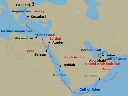 19 Night - Arabian Nights - Oceania Vista - Starting in Dubai, Abu Dhabi, Salalah, Jeddah, Aqaba, Luxor (Safaga), Suez Canal (Transit), Alexandria EG, Ephesus (Kusadasi), Istanbul itinerary map