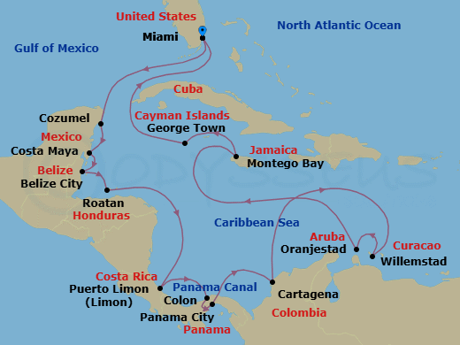 20 Night - Coastal Calm & Coconuts - Oceania Marina - Starting in Miami, Cozumel, Mexico, Costa Maya, Mexico, Belize City, Roatan, Puerto Limon, Colon, Panama Canal Daylight Transit, Panama City, Panama Canal Daylight Transit, Cartagena CO, Willemstad AN, Oranjestad, Montego Bay, George Town, Miami itinerary map