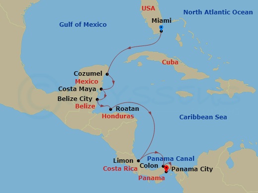 Oceania Marina - 10 Night - Central American Seas - Oceania Marina - Starting in Miami, Cozumel, Mexico, Costa Maya, Mexico, Belize City, Roatan, Puerto Limon, Colon, Panama C.. itinerary map