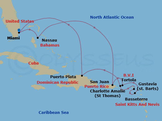 10 Night - Fantasy Islands - Oceania Marina - Starting in Miami, Nassau, San Juan, Tortola, Basseterre, Gustavia, Charlotte Amalie, Puerto Plata, Dominican Republic, Miami itinerary map