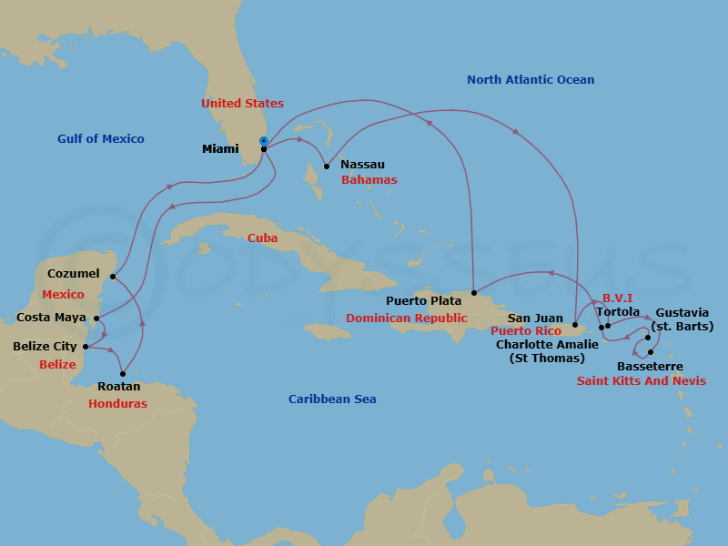 17 Night - Holiday Horizons - Oceania Marina - Starting in Miami, Costa Maya, Mexico, Belize City, Roatan, Cozumel, Mexico, Miami, Nassau, San Juan, Tortola, Basseterre, Gustavia, Charlotte Amalie, Puerto Plata, Dominican Republic, Miami itinerary map