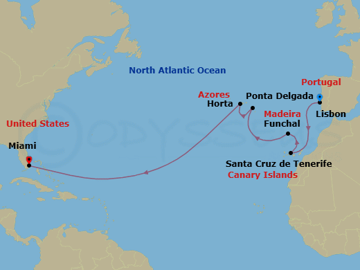13 Night - Voyage to the New World - Oceania Marina - Starting in Lisbon, Santa Cruz de Tenerife, Funchal (Madeira), Ponta Delgada (Azores), Horta (Azores), Miami itinerary map