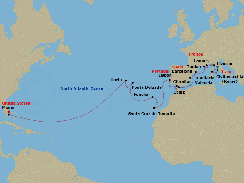 23 Night - Old & New Worlds - Oceania Marina - Starting in Rome (Civitavecchia), Bonifacio (Corsica), Florence / Pisa / Tuscany (Livorno), Cannes, Toulon, Barcelona, Valencia, Gibraltar, Seville (Cadiz), Lisbon, Santa Cruz de Tenerife, Funchal (Madeira), Ponta Delgada (Azores), Horta (Azores), Miami itinerary map