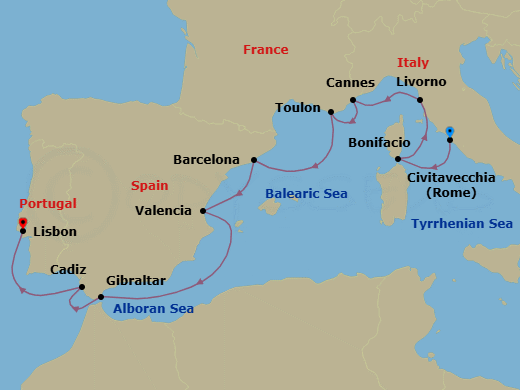 10 Night - Roman Holiday - Oceania Marina - Starting in Rome (Civitavecchia), Bonifacio (Corsica), Florence / Pisa / Tuscany (Livorno), Cannes, Toulon, Barcelona, Valencia, Gibraltar, Seville (Cadiz), Lisbon itinerary map
