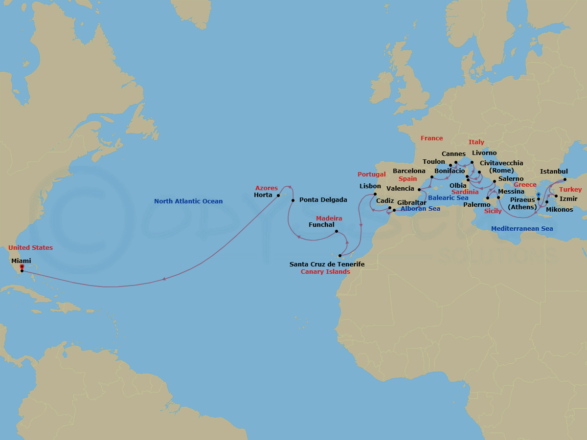 33 Night - Isles & Rivieras - Oceania Marina - Starting in Athens (Piraeus), Mykonos, Izmir, Istanbul, Messina (Sicily), Palermo (Sicily), Salerno, Olbia / Porto Cervo (Sardinia), Rome (Civitavecchia), Bonifacio (Corsica), Florence / Pisa / Tuscany (Livorno), Cannes, Toulon, Barcelona, Valencia, Gibraltar, Seville (Cadiz), Lisbon, Santa Cruz de Tenerife, Funchal (Madeira), Ponta Delgada (Azores), Horta (Azores), Miami itinerary map
