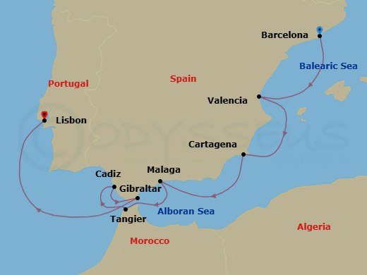 7 Night - Iberian Experience - Oceania Allura - Starting in Barcelona, Valencia, Cartagena ES, Malaga, Tangier, Seville (Cadiz), Gibraltar, Lisbon itinerary map