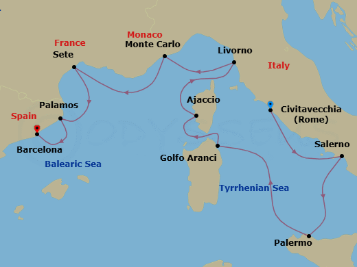 9 Night - Fairytales Afloat - Oceania Allura - Starting in Rome (Civitavecchia), Salerno, Palermo (Sicily), Golfo Aranci, Ajaccio (Corsica), Florence / Pisa / Tuscany (Livorno), Monte Carlo, Sete, Palamos, Barcelona itinerary map