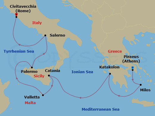 7 Night - Greco-Roman World - Oceania Allura - Starting in Athens (Piraeus), Milos, Katakolon, Catania (Sicily), Valletta, Palermo (Sicily), Salerno, Rome (Civitavecchia) itinerary map
