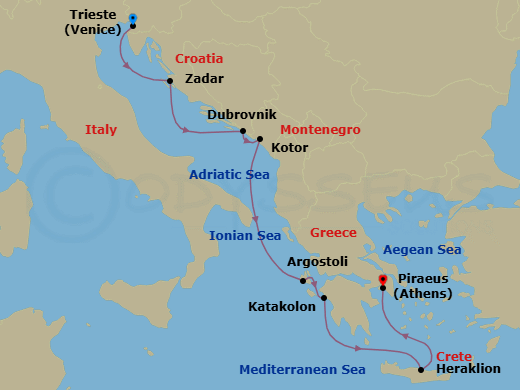 7 Night - Neptune's Nirvana - Oceania Allura - Starting in Trieste, Zadar, Dubrovnik, Croatia, Kotor, Argostoli (Cephalonia), Katakolon, Heraklion (Crete), Athens (Piraeus) itinerary map