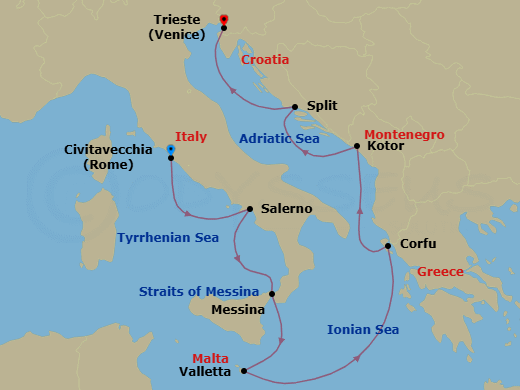 7 Night - Mediterranean Muse - Oceania Allura - Starting in Rome (Civitavecchia), Salerno, Messina (Sicily), Valletta, Corfu, Kotor, Split, Trieste itinerary map
