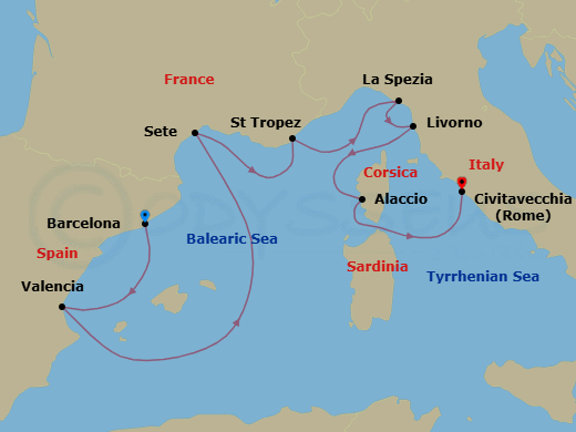 7 Night - Relaxing Rivieras - Oceania Allura - Starting in Barcelona, Valencia, Sete, Saint-Tropez, Cinque Terre (La Spezia), Florence / Pisa / Tuscany (Livorno), Ajaccio (Corsica), Rome (Civitavecchia) itinerary map