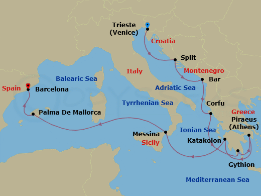 10 Night - Shimmering Shores - Oceania Allura - Starting in Trieste, Split, Montenegro, Corfu, Gythion, Athens (Piraeus), Katakolon, Messina (Sicily), Palma De Mallorca, Barcelona itinerary map